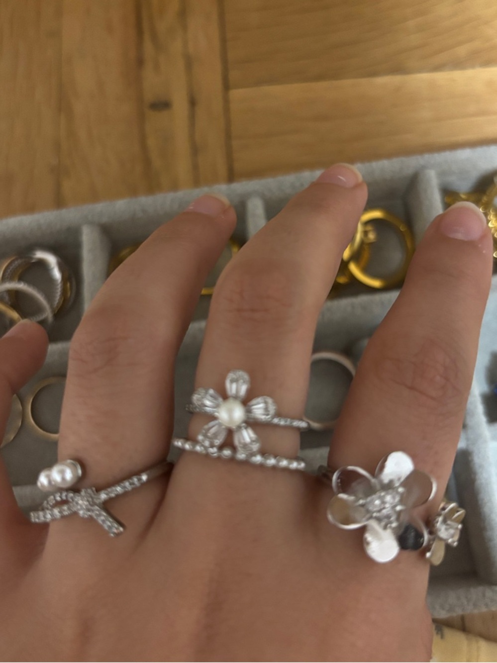 Silver Floral Pearl Stackable Ring Set - Women's Jewelry